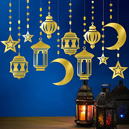 Gold Ramadan Star-Moon Party-Decorations Garland - 12pcs Twinkle Little Star Hanging Decoration Streamers Swirl Lantern, Eid Mubarak Birthday Wedding Party Banner Decor