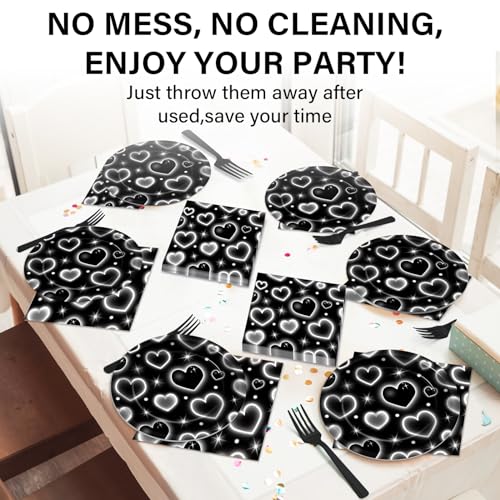 Qyeahkj 100 Pcs 2000s Party Plates Napkins Forks Set Black Heart Tableware Supplies Y2k Theme Birthday Party Decoration Early 2000s Dinnerware Decorations Favors for Birthday Party Serve 25 - style: 2000s black heart