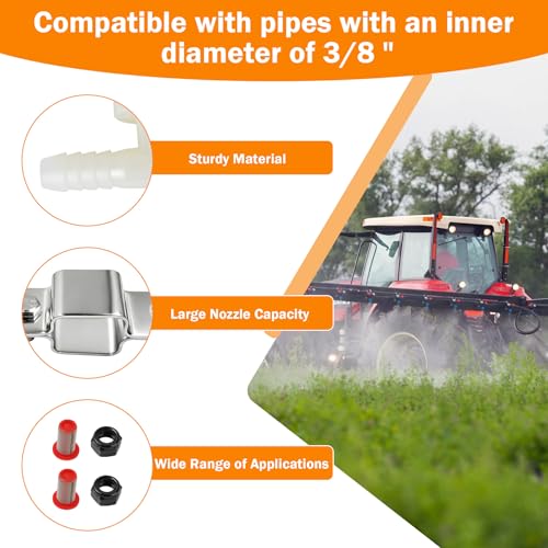 Spray Boom Repair Kit Include 3/8" Polypropylene Elbow Nozzle Body 11/16" MPS x 3/8" HB, Retaining Nuts and Caps 11/16" FPSand 50 Mesh Tip Screens Nozzle Strainers,Boom Clamps 1" Square-2 PCS