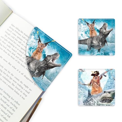 2 Pack Funny Cat and Shark Leather Book Corner Bookmark, Durable Handmade Reading Accessories - Gifts for Readers, Women, Men, Teachers, Students 2 - color: 2pack-funny Cat and Shark 2