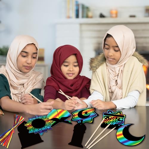 HOWAF 36pcs Ramadan Mubarak Scratch Paper Art Kit, Eid Mubarak Rainbow Scratch Off Cards for Eid Holiday Activity School DIY Drawing Project Supplies, Ramadan Kareem Paper Scratch Pad