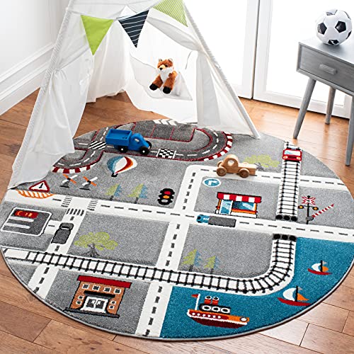 SAFAVIEH Carousel Kids Collection 4' Round Grey/Ivory CRK192F Neighborhood Road Non-Shedding Playroom Nursery Bedroom Area Rug - color: Grey/Ivory, size: 4' (Round)
