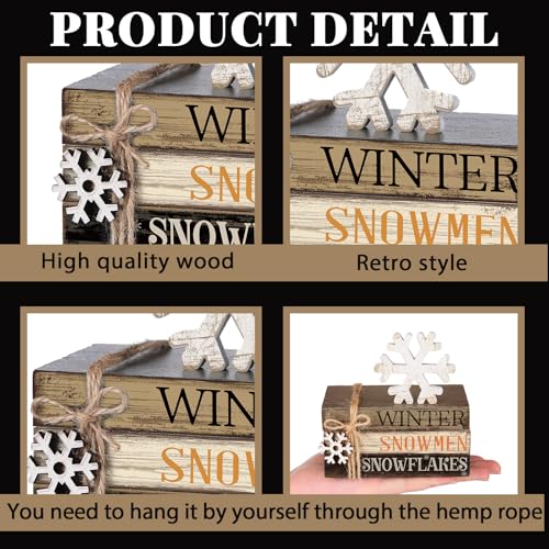4 Pcs Winter Table Decorations Snowmmen Tiered Tray Decorations Christmas Mini Snowflake Wooden Books Signs for Office Shelf Classroom Tabletop Bookshelf - style: Winter