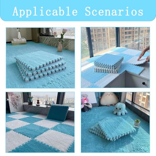 12 PCS Thickened Plush Interlocking Floor Mat Fluffy Square Tiles with 16 Edgings Soft Anti-Slip Puzzle Area Rug for Room (Sky Blue) - color: Sky Blue