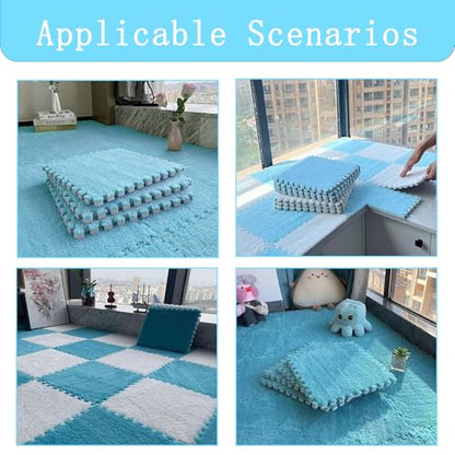 12 PCS Thickened Plush Interlocking Floor Mat Fluffy Square Tiles with 16 Edgings Soft Anti-Slip Puzzle Area Rug for Room (Sky Blue) - color: Sky Blue