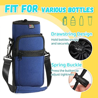 Nuovoware Water Bottle Carrier Bag, 25oz/32oz, Navy blue | Adjustable Shoulder Hand Strap, 2 Pocket, Neoprene Sleeve, For Hiking Travelling Camping - color: Navy Blue, size: 25-32 Ounces - Standard
