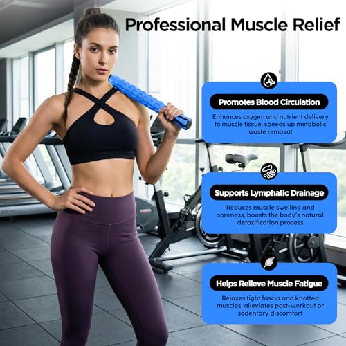 Muscle Roller & Massage Roller Stick for Athletes - Lymphatic Drainage Support, Relieves Muscle Soreness, Cramping & Tightness - Targets Legs, Arms, Back & Calves （Blue Wheel） - color: Blue