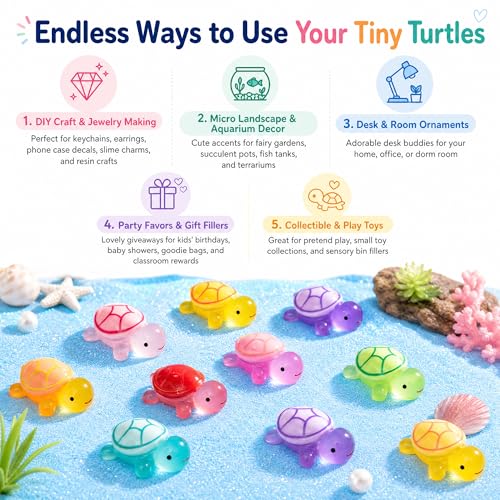 100 Pcs Mini Resin Turtles Luminous Tiny Sea Turtle Figures | Glow in the Dark Resin Animals, Small Plastic Ocean Animal, Garden Mini Turtle Figurines , Miniature Landscapes (10 Colors) - size: Mini