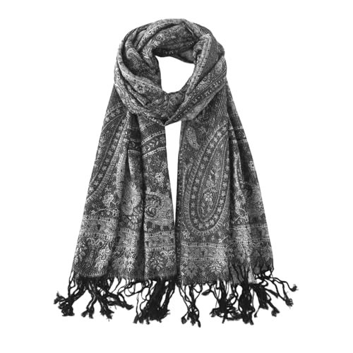 Paisley Pashmina Rave Shawl Scarf-Women's Reversible Ethnic Jacquard Pashmina Wraps for Travel - color: C#.black Silver