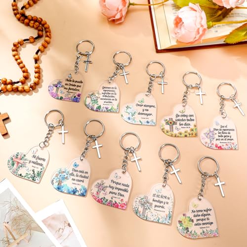 Sureio 30 Pcs Spanish Christian Keychain Gift Bulk Women Religious Cross Inspirational Bible Verse Acrylic Keychains Llaveros Cristianos En Español for Church Member Teacher Student (Cute Heart) - style: Cute Heart