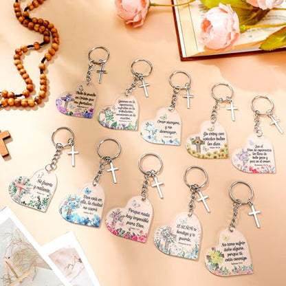Sureio 30 Pcs Spanish Christian Keychain Gift Bulk Women Religious Cross Inspirational Bible Verse Acrylic Keychains Llaveros Cristianos En Español for Church Member Teacher Student (Cute Heart) - style: Cute Heart