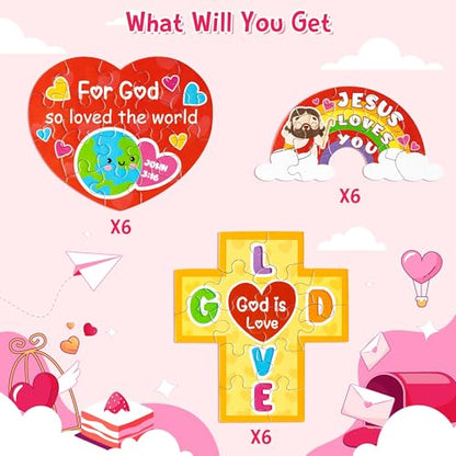 Haooryx Valentine's DIY Jigsaw Puzzle - 18 Pcs Jesus Loves You Colorful Cross Rainbow Heart Valentine’s Day Religious Paper Puzzle Exchange Gift Sunday School Educational Church Classroom Activity - style: Valentine’s Day DIY