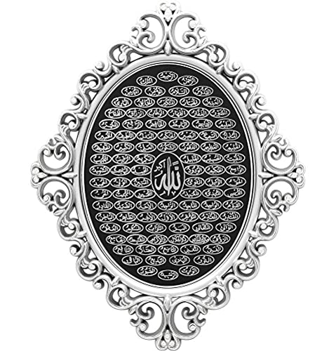 Modefa Luxury Turkish Islamic Decor - Elegant Wall Hanging Art Plaque Frame - Ramadan or Eid Gift - Intricate Arabic Calligraphy 11 x 15in (Silver - 99 Names of Allah) - color: Silver - 99 Names of Allah