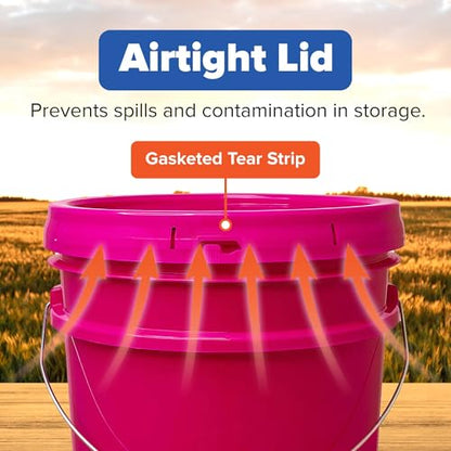 5 Gallon Bucket w/Lid, Food Grade BPA-Free, 6 Pack, Pink | Airtight Lid, Mallet and Lid Opener Included, Heavy-Duty 90 Mil HDPE Plastic, Food-Safe Durable Container, Made in USA - color: Pink, size: 6 Packs
