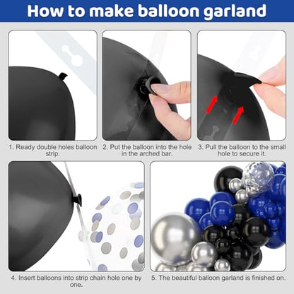 Amandir 153pcs Blue and Black Balloons Arch Garland Kit Different Sizes 18 12 10 5inch Metallic Silver Royal Dark Navy Blue Latex Confetti Graduation Balloon Birthday Space Retirement Party Supplies - color: Blue Black