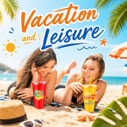 Chuangdi 12 Pcs Summer Beach Party Decoration Cups 24 oz Reusable Tumbler with Lids and Straws Plastic Drinking Cup for Beach Themed Party Favors Hawaiian Tropical Luau Pool Birthday Gifts - style: Beach Theme