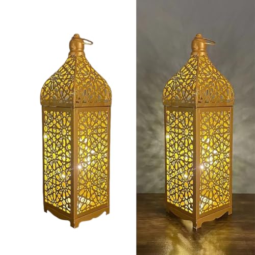 EUBUY Moroccan Lightweight Ornate Lantern Lamp, Moroccan LED Lantern Decorative Indoor for Indian Wedding, Eid, Ramadan, Events - color: Large Gold