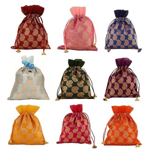 Touchstone Drawstring Bags Traditional Indian Handcrafted Fabric Perfect for Gifts Jewelry Weddings Pouches Purses Potli - color: -Paisley_Multicolor (Pack of 9), size: 7x5 inches