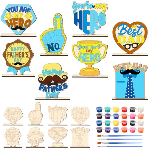 DoubleFill 16 Pcs Father's Day Crafts Kits, Paint Your Own Fathers Day DIY Coloring Wood Table Centerpiece Ornaments, Wooden Tabletop Sign Art Bulk, Handmade Activity Gift for Best Dad Party Decor - style: Father's Day
