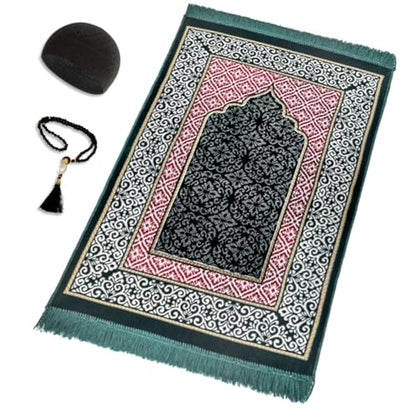 Velvet Islamic Prayer Rug Set (Thick Prayer Mat - 99 Tasbih Prayer Beads - Black Cotton Kufi Hat) Eid and Ramadan Gift for Muslims (Green) - color: Green
