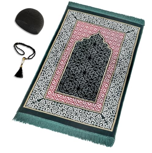 Velvet Islamic Prayer Rug Set (Thick Prayer Mat - 99 Tasbih Prayer Beads - Black Cotton Kufi Hat) Eid and Ramadan Gift for Muslims (Green) - color: Green