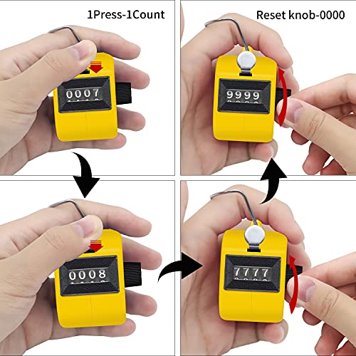 Eliamo 12 Pcs Hand Tally Counter 4-Digit Lap Counter Clicker, Manual Mechanical Handheld Pitch Click Counter with Finger Ring for School Golf & Knitting Row Croche - color: Yellow