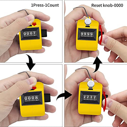 Eliamo 12 Pcs Hand Tally Counter 4-Digit Lap Counter Clicker, Manual Mechanical Handheld Pitch Click Counter with Finger Ring for School Golf & Knitting Row Croche - color: Yellow