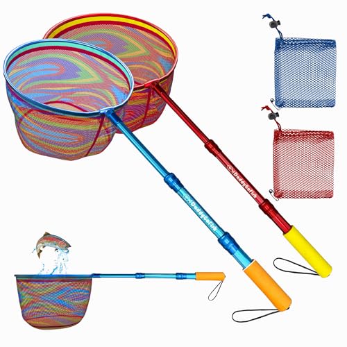 Kids Fishing Net - Extendable Telescopic Landing Net for Boy Girl Children Catching Small Fish Crab Shrimp Minnow Dragonfly Beach Pier Lake River Ocean - color: Style 1 (2 Pack, Blue + Red)