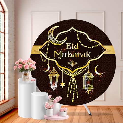 3x3ft Eid Mubarak Round Backdrop Cover Golden Crescent Luxury Gold Lanterns Glitter Eid Al-Adha Circle Background Islamic Muslim Festival Party Decor Portrait Photo Booth Studio Props - size: 3x3FT