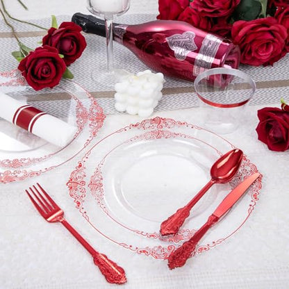 Hioasis 175pcs Clear and Red Plates - Red Party Plates for 25 Guest, Include 50 Heavy-duty Plates(20% Thicker Than Standard), 25 Pre Rolled Gold Plastic Silverware Set, 25 Cups for Graduation - color: Clear and Red
