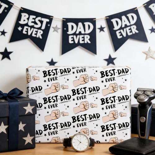 Cuitpan Father's Day Wrapping Paper - 4 Jumbo Sheets, 28x40 Inches, Best Dad Ever Fist Bump & Star Design, for Father's Day, Birthday & Dad Gifts - color: White-Father's Day