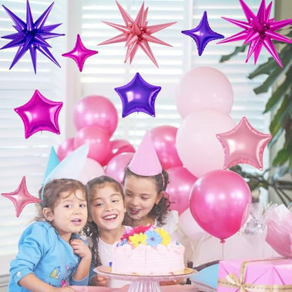 Hot Pink Purple Star Balloons,16Pcs 22/18/10 Inch Foil Princess Decorations - color: Hot Pink Purple