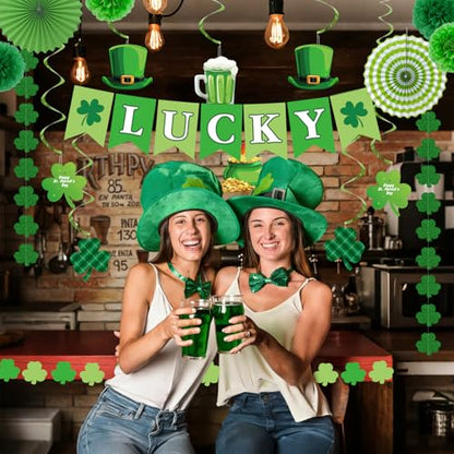 St. Patrick's Day Decorations Kit Shamrock Garlands Hanging Swirls Lucky Banner for Saint Patrick's Day Party Decor, Green Paper Fans Pom Poms Irish Decor for Home Saint Patrick Party Supplies - style: St. Patrick's Day