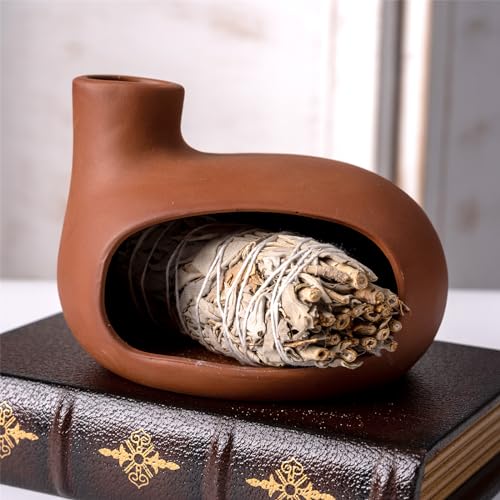 MOUGIGI Terracotta Palo Santo Holder - Modern Chiminea Incense Burner for Yoga, Meditation, and Energy Cleansing - Wood Sticks Dish, Sage Ash Catcher, Smudge Bowl, Cone Burner - Unique Meditation Gift - color: Matte Clay -Terracotta