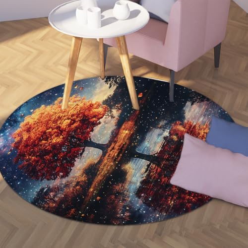 Starry Nature Round Area Rugs 6ft Autumn Tree Starry Night Sky Water Reflection Circular Rugs Washable Non Slip Carpet Large Thin Foldable Low Pile Stain Resistant Throw Mat for Bedroom Office - color: Ydt03, size: 6ft (Round)