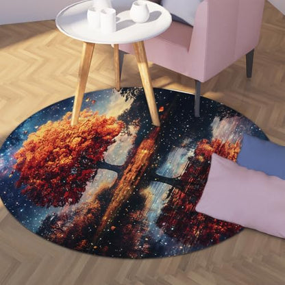 Starry Nature Round Area Rugs 4ft Autumn Tree Starry Night Sky Water Reflection Circular Rugs Washable Non Slip Carpet Large Thin Foldable Low Pile Stain Resistant Throw Mat for Bedroom Office - color: Ydt03, size: 4ft (Round)