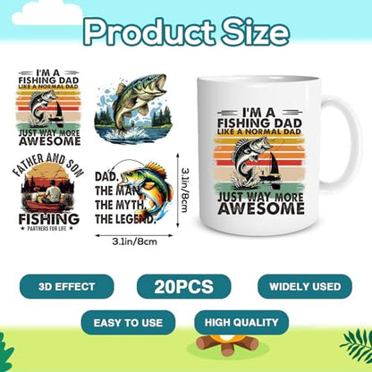 UV DTF Cup Stickers - 20 Sheets Fishing Dad Theme UV DTF Cup Wraps for 16 OZ, Fish UVDTF Decals, Waterproof Rub on Transfer Decal for Glass Mug, DIY Crafts - style: Fishing Dad