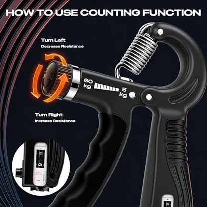 Grip Strength Trainer - Adjustable Resistance 11-132lbs/5-60kg Hand Gripper & Forearm Strengthener Device with Smart Counter for Sports & Rehab - color: Black