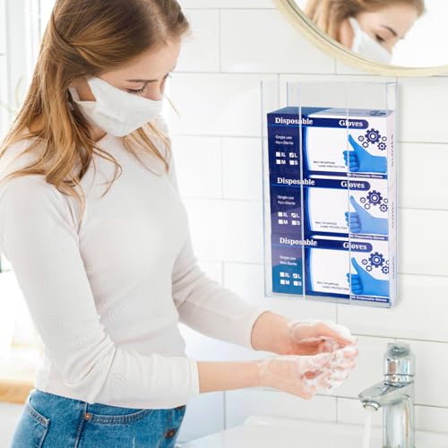 WodGod Acrylic Gloves Box Dispenser Holder Wall-Mounted,3 Box Capacity,Glove and Facial Tissue Wire Rack for Kitchen,Healthcare,Hospital,Restaurant,Workshop,Office,Etc(10”x3.2”x17”)