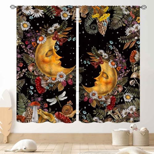 Myeterious Moon Curtains, Vintage Gothic Mushroom Floral Moon Phase Moonlit Fantasy Botanical Plants Aesthetic Art Print Window Drapery Treatments for Kitchen Bedroom Living Room, 42"x45" Inch - color: Moonlit-04, size: 21"W x 45"L (Pack of 2)