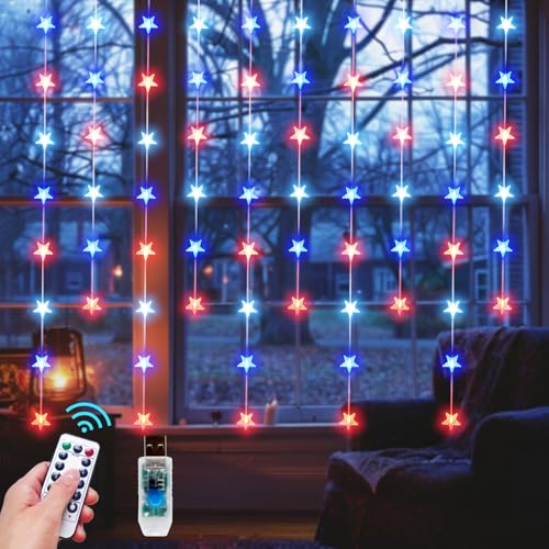 Star Curtain Lights Hanging Star Lights for Window 70 Stars String Lights USB Plug in 8 Modes Twinkle Fairy Lights for Independence Day Memorial Day Flag Day Fourth of July Decor (Red White Blue) - color: Red-White-Blue, size: 10 x 2.6 FT