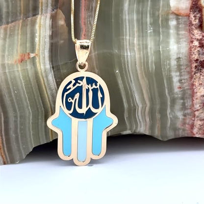 14K Solid Gold Pendant Necklace Hand-Painted Abstract Hamsa Hand and Allah Calligraphy (Evil Eye) - Gift for Men, Women, Daughter, Son, Unisex Adults, Kids - color: Blue Fatima Hand w/ Allah Calligraphy, style: Pendant w/ Cuban Link 16"