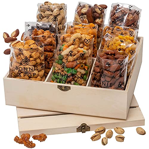 Nut Gift Basket | Healthy Gift of Assorted Nuts in Reusable Wood Crate | Large Variety Tray with Unique Flavors |Fathers Day, Parties, Holidays, Birthday, Sympathy, Office, Thank You, Him, Her | Bonnie & Pop - style: Deluxe