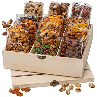 Nut Gift Basket | Healthy Gift of Assorted Nuts in Reusable Wood Crate | Large Variety Tray with Unique Flavors |Fathers Day, Parties, Holidays, Birthday, Sympathy, Office, Thank You, Him, Her | Bonnie & Pop - style: Deluxe