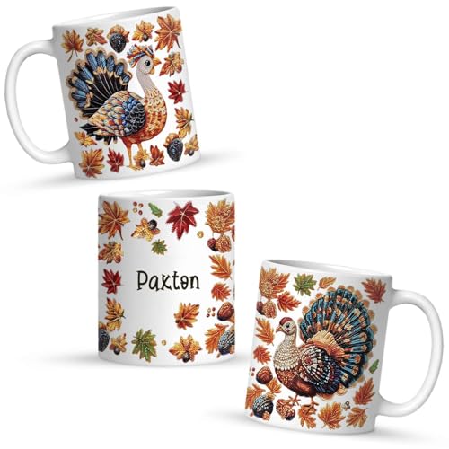 Personalized Autumn Turkey Coffee Mug, Customized Name White Ceramic Cup, Festive Fall Leaves Mug, Sparkling Turkey Full Wrap Cup 11oz 15oz, Custom Unique Thanksgiving White Cup - color: XUA-1124-3653-Thanksgiving Mug