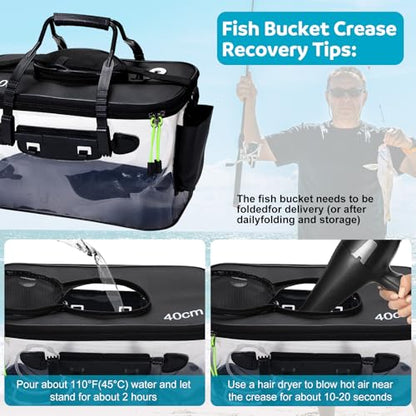 AceOrbit 5/7/8Gallon Foldable Fishing Bucket with Aerator | Live Bait Bucket and Dual Outlet Air Pump, Heavy Duty EVA Collapsible Fish Basket for Kayak, Ice Fishing, Camping & Travel - size: 7 Gallon