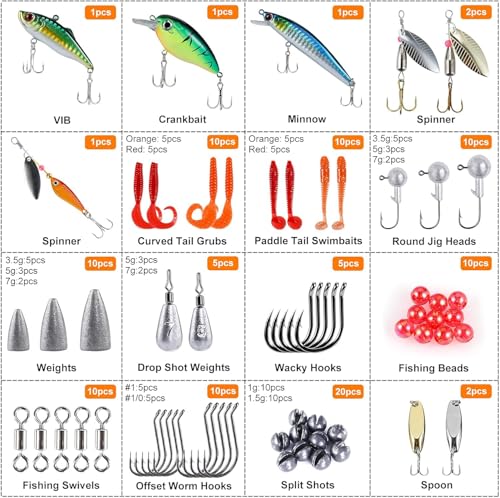 PLUSINNO Fishing Lures Fishing Tackle Box Fishing Gifts for Men, Bass, Trout Fishing Accessories Kit for Saltwater & Freshwater Fishing Gear Including Topwater Lures, Hooks, Spinnerbaits - color: 108PCS tackle box