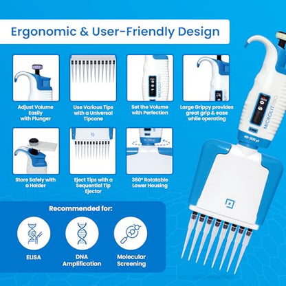 8-Channel Micropipette, Adjustable Volume - Accurate & Calibrated | For 20-200ul Liquid Capacity, Compatible with Pipette Tips - size: 20-200ul, style: 8-Channels