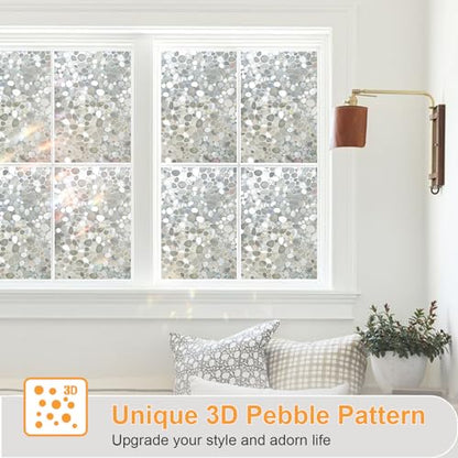 Window Privacy Film, Stained Glass Films, 3D Pebble Rainbow Windows Cling Decorative Window Decals, Sun Blocking Stickers Static Cling Door Windows Covering (17.5" x 78.7")