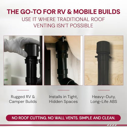 1-1/2" Male Threaded Vent Check 2 Secondary Venting Solution Air Admittance Valve AAV with Patented Spring Mechanism & Compatible with Schedule 40 ABS Adapters Designed for RVs (Black) - color: Pack of 1 - Recreational Vehicle